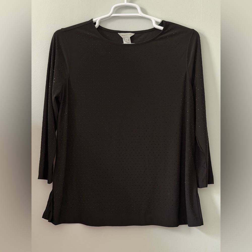Multiples Black Long Sleeve Crewneck Top with Subtle Sparkle